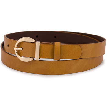 Wąski pasek damski skórzany CAMELOWY. Złota klamra. 120 cm.