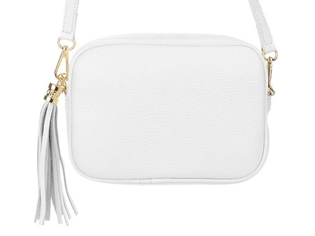 Biała włoska torebka skórzana listonoszka frędzle