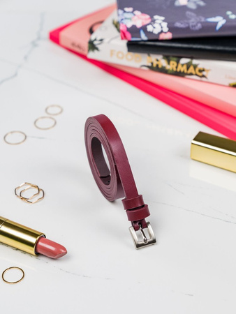 Cienki pasek damski do sukienki. Skórzany, Bordowy