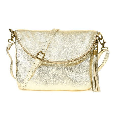 Złota Torebka Listonoszka ze skóry z klapą na suwak