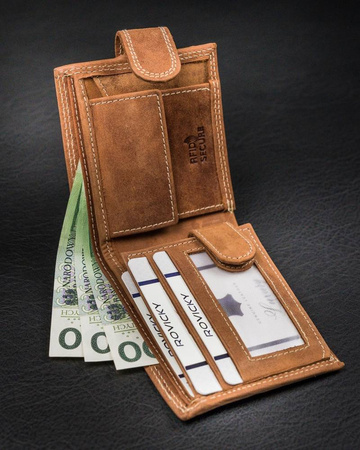 Skórzany portfel męski koniakowy. Poziomy. Na Zatrzask. RFID.