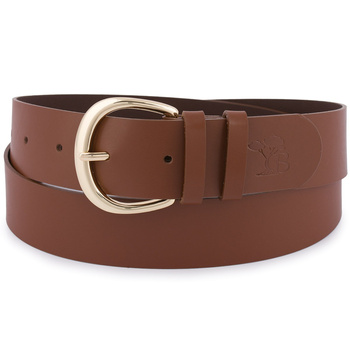 Brązowy skórzany pasek damski ze złotą klamrą do sukienki