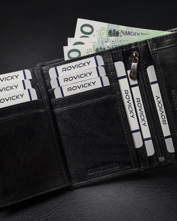 Rozbudowany, pionowy portfel męski z zapinką ze skóry naturalnej — Rovicky