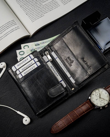 Rozbudowany, pionowy portfel męski bez zapięcia ze skóry naturalnej — Rovicky