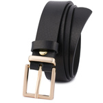 Czarny pasek damski skórzany. Złota klamra. 85 cm.