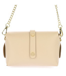 Mała skórzana torebka damska kuferek kopertówka na łańcuszku. Beżowa