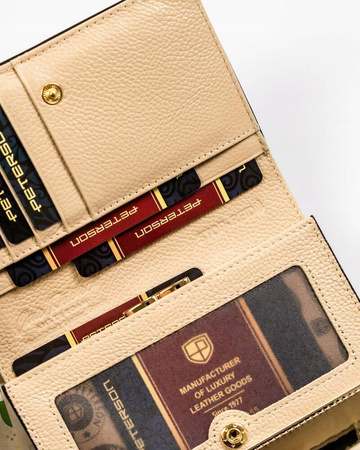 Lakierowany portfel czarny i złoty. Portmonetka i okienko. Skóra RFID