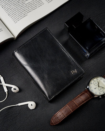 Pionowy portfel męski bez zapięcia z błyszczącej skóry naturalnej — Rovicky