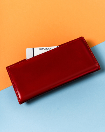 Poziomy CZERWONY duży portfel damski skórzany na zatrzask. RFID.