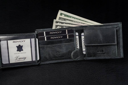 Skórzany portfel męski czarny. Poziomy. Bez Zapięcia. RFID.