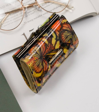 MIni portmonetka żółta w motyle - skóra naturalna