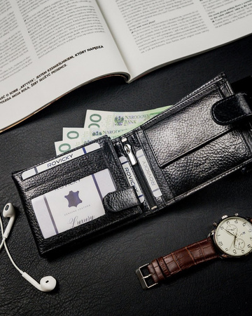 Poziomy portfel męski z zapięciem na zatrzask i schowkiem, RFID — Rovicky