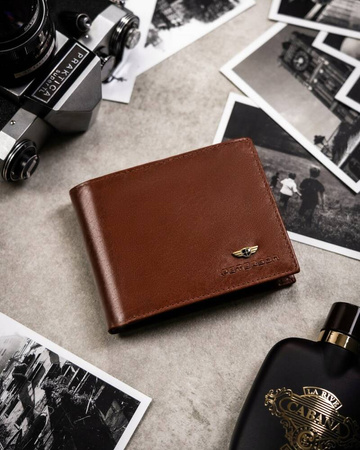 Zestaw męski na prezent: brązowy portfel, etui na karty i brelok. Skóra