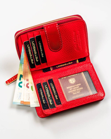 Czerwony portfel damski pionowy. Skóra naturalna z ochroną RFID