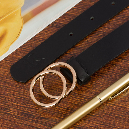 Czarny pasek damski skórzany ze złotą okrągłą klamrą