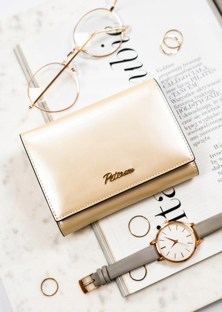 Beżowy portfel skórzany z portmonetką i okienkiem. RFID