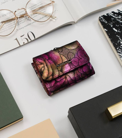 Mały portfel damski skórzany - opalizujący różowy i złoty