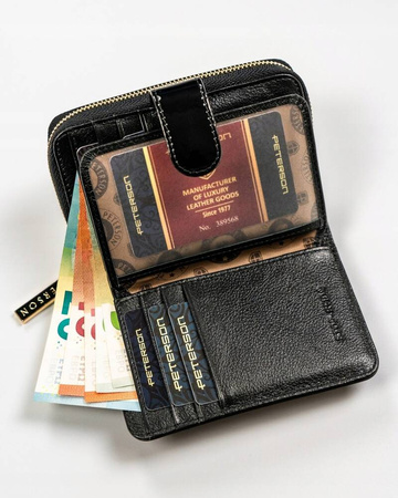 Czarny portfel damski pionowy. Skóra naturalna z ochroną RFID