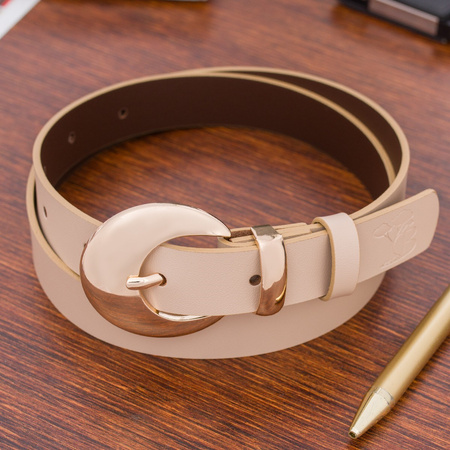 Beżowy pasek damski skórzany. Złota klamra. 110 cm.