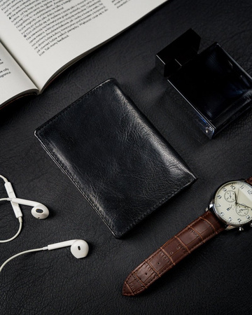 Duży, pionowy portfel męski bez zapięcia z błyszczącej skóry naturalnej — Rovicky