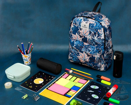 Kolorowy Plecak Duży A4 z kieszeniami. Niebieskie liście