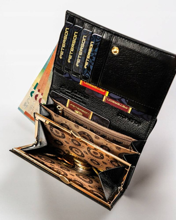 Czerwony portfel skórzany z portmonetką i okienkiem. RFID