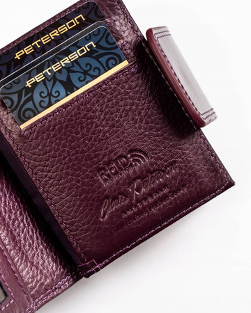 Lakierowany mały skórzany portfel damski FIOLETOWY na zatrzask. RFID.