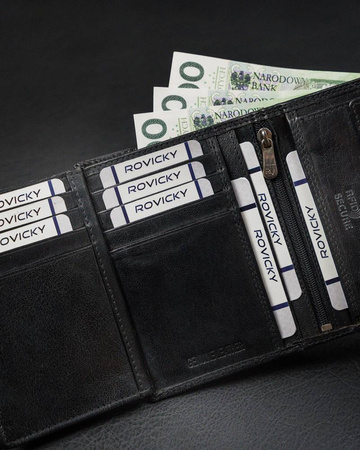Praktyczny, pionowy portfel męski z zapinką z błyszczącej skóry naturalnej — Rovicky