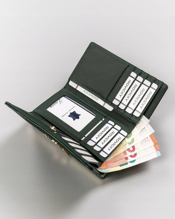 Portfel damski zielony lakierowany. Skóra naturalna. RFID