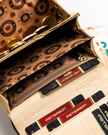 Lakierowany portfel czarny i złoty. Portmonetka i okienko. Skóra RFID