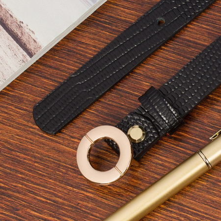 Wąski pasek damski skórzany ze złotą klamrą okrągłą CZARNY