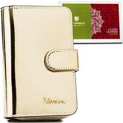 Złoty portfel damski pionowy. Skóra naturalna z ochroną RFID