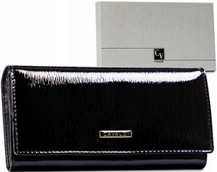 Skórzany czarny portfel damski. Duży. Lakierowany. Zatrzask.