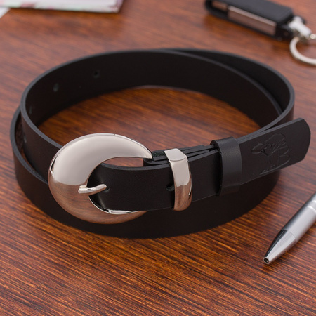 Skórzany pasek damski CZARNY. Srebrna klamra. 115 cm.