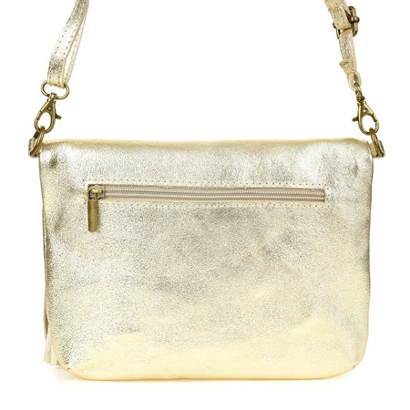 Złota Torebka Listonoszka ze skóry z klapą na suwak