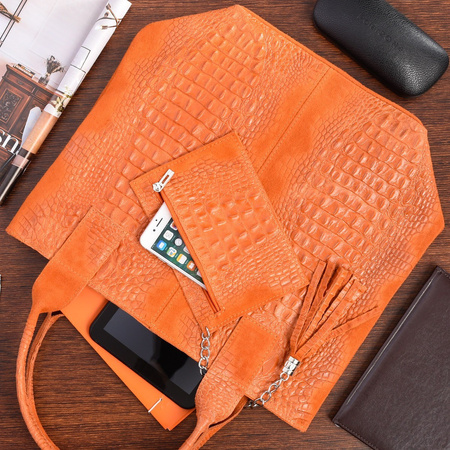Pomarańczowa torebka skórzana duża croco - worek