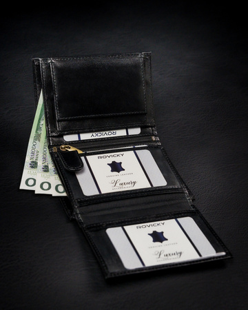 Bogato wyposażony portfel męski z naturalnej skóry licowej — Rovicky