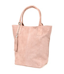 Duża torebka damska A4 na ramię - różowa skóra zamszowa, na suwak.