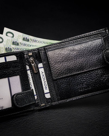 Poziomy portfel męski z zapięciem na zatrzask i schowkiem, RFID — Rovicky