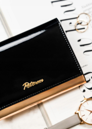 Czarny portfel ze złotymi wstawkami. Lakierowana Skóra RFID