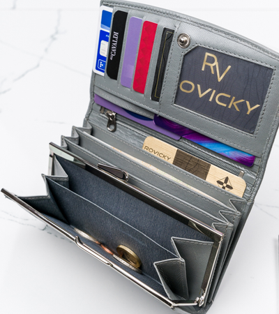 Lekki SZARY portfel damski ze skóry koziej RFID