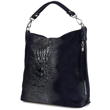 Granatowa duża torebka skórzana shopperka croco
