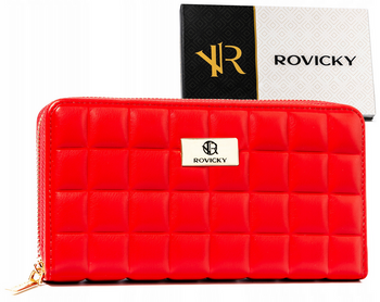 Elegancki duży portfel damski czerwony na suwak pikowany  - Rovicky