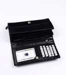 Duży pikowany skórzany portfel damski czarny. Zatrzask.