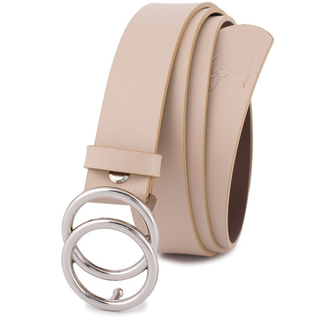 Beżowy pasek damski skórzany ze srebrną okrągłą klamrą