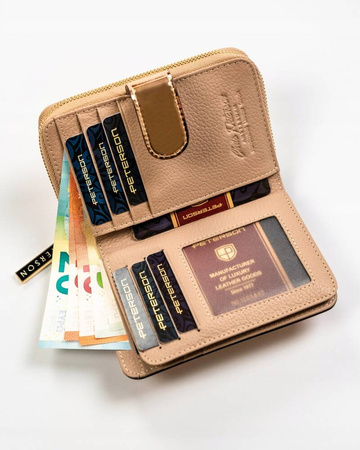 Złoty portfel damski lakierowany. Skóra naturalna z ochroną RFID