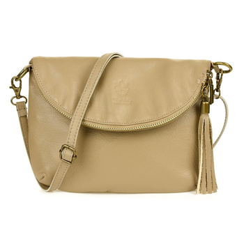 Beżowa Torebka Listonoszka ze skóry z klapą na suwak