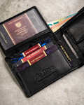 Zestaw prezentowy męski: skórzany, czarny portfel i skórzany brelok