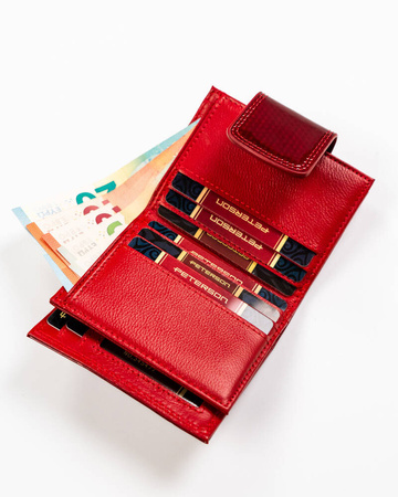 Lakierowany mały skórzany portfel damski CZERWONY. Zatrzask RFID Wzór.