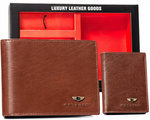 Zestaw męski na prezent: brązowy portfel, etui na karty i brelok. Skóra